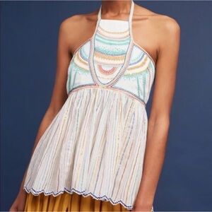 Anthropologie Multicolor Embroidered Halter Tank Top